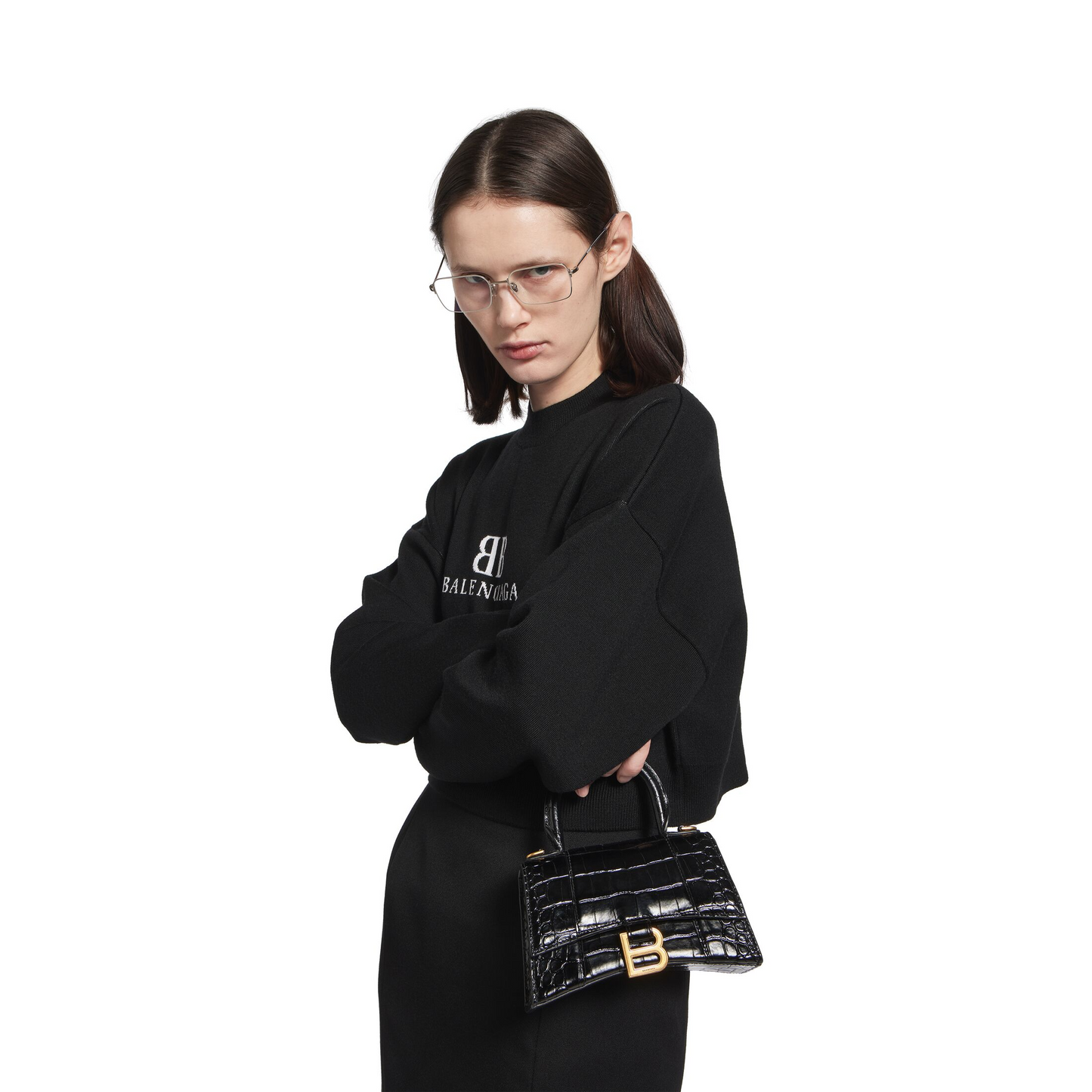 Hourglass Handbag XS in Black - Aged Gold Hardware