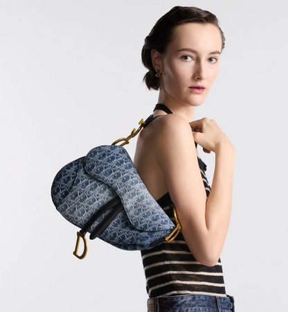 Saddle Bag with Strap - Blue Denim Dior Oblique Jacquard