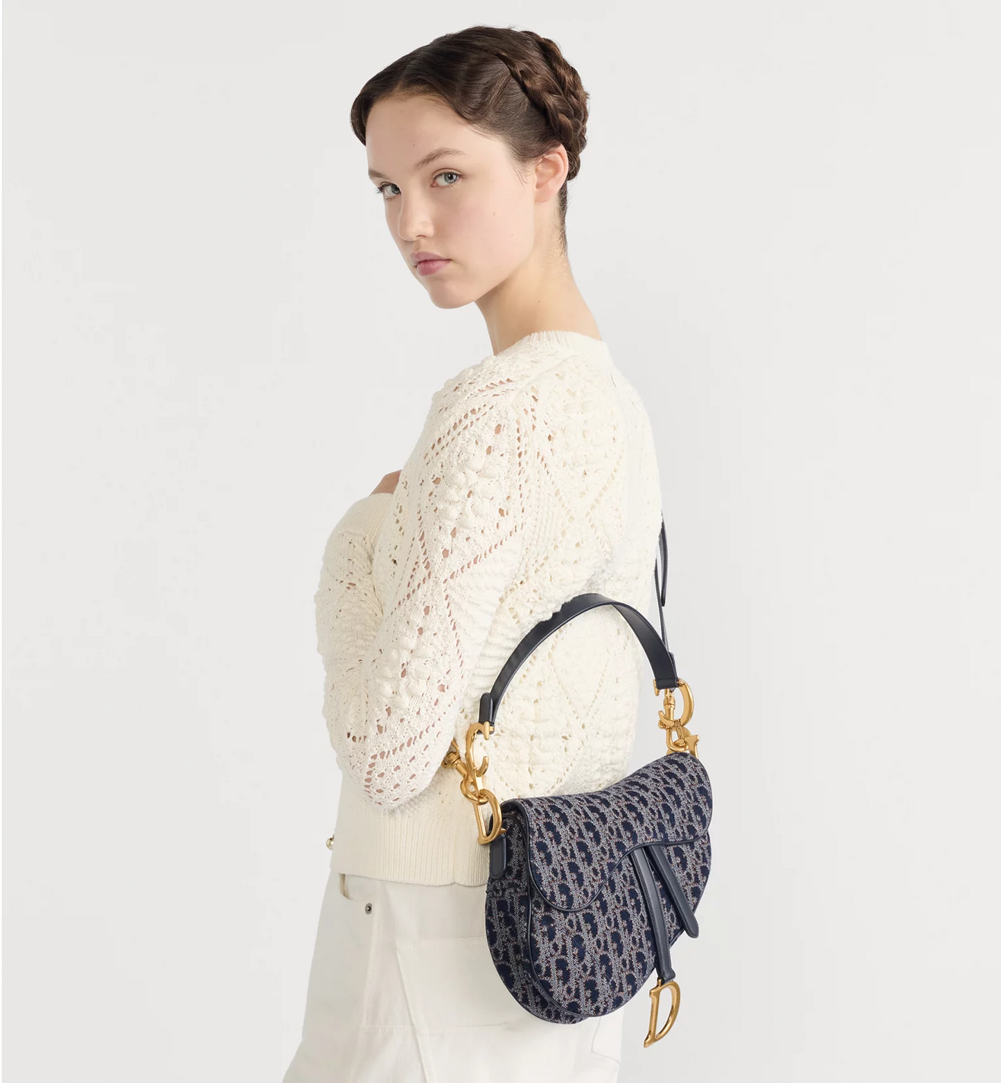 Saddle Bag with Strap - Blue and Tobacco Brown Dior Oblique Denim with Contrasting Topstitching