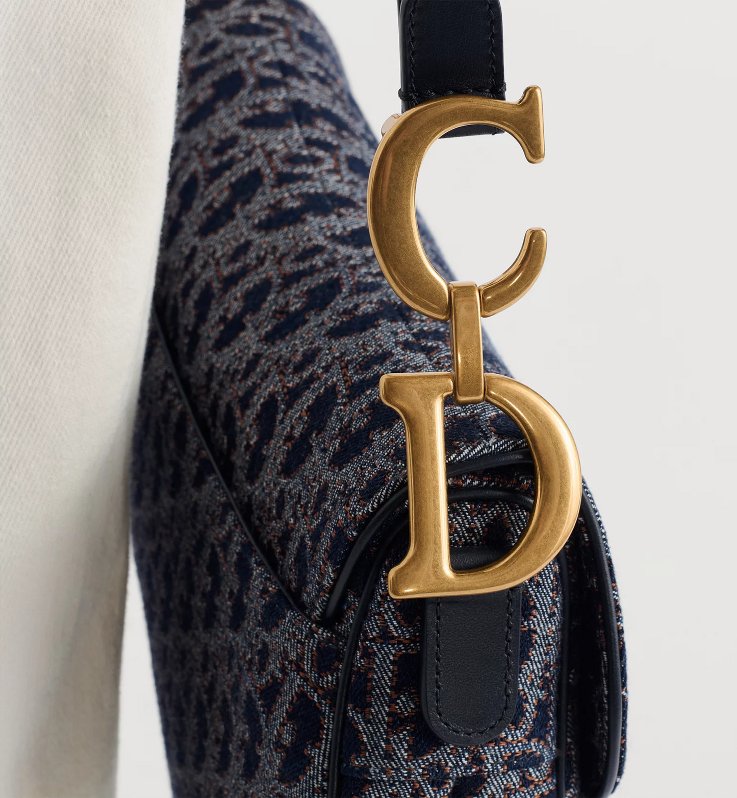 Saddle Bag with Strap - Blue and Tobacco Brown Dior Oblique Denim with Contrasting Topstitching