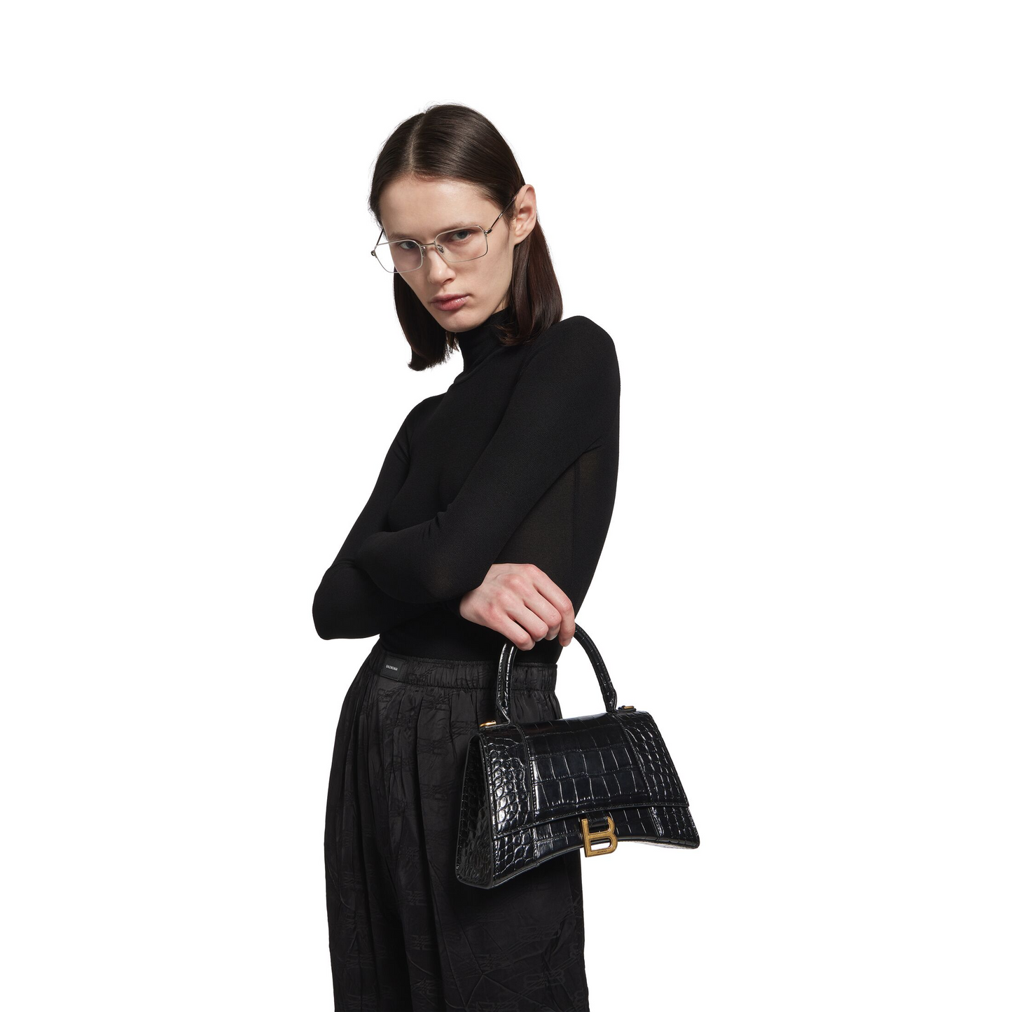Hourglass Handbag Small in Black - Aged Gold Hardware