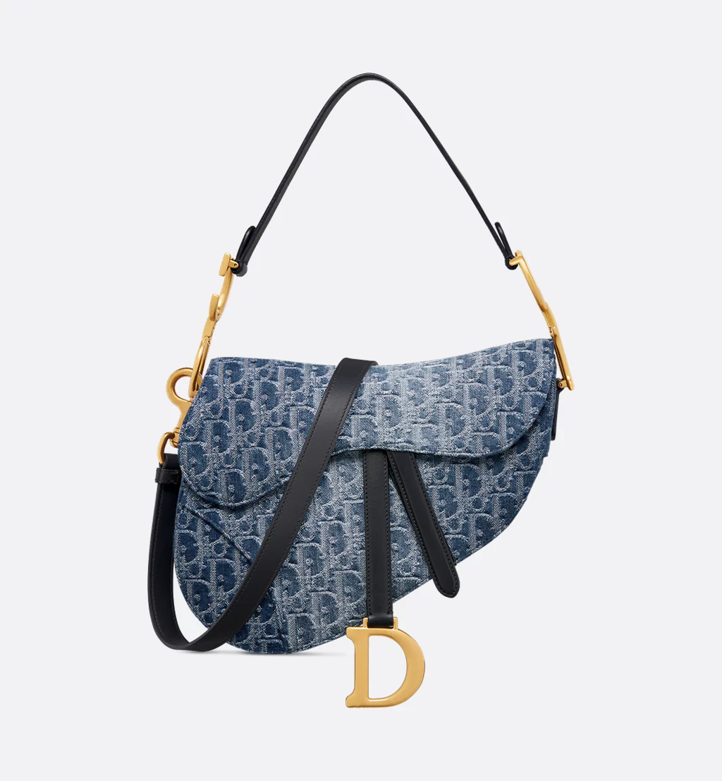 Saddle Bag with Strap - Blue Denim Dior Oblique Jacquard