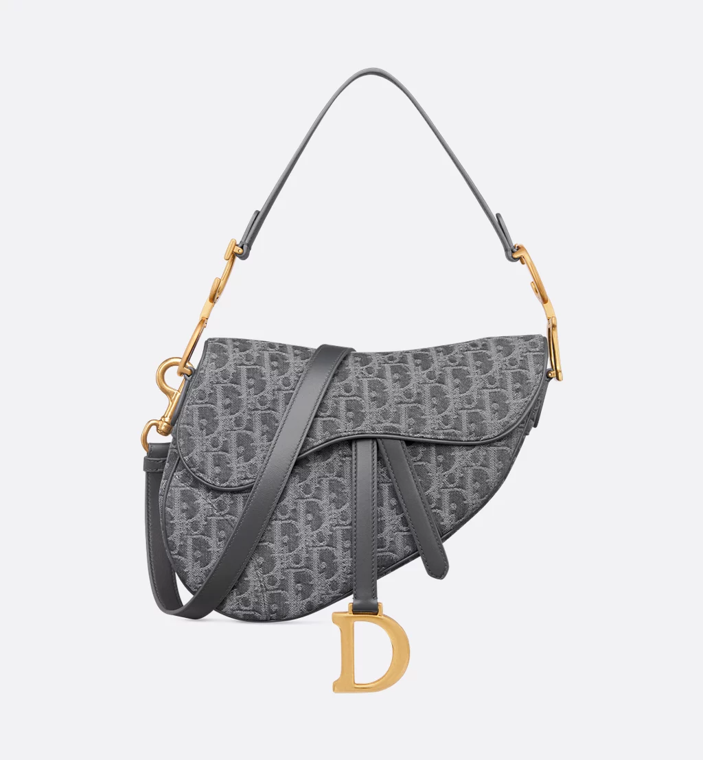 Saddle Bag with Strap - Gray Denim Dior Oblique Jacquard