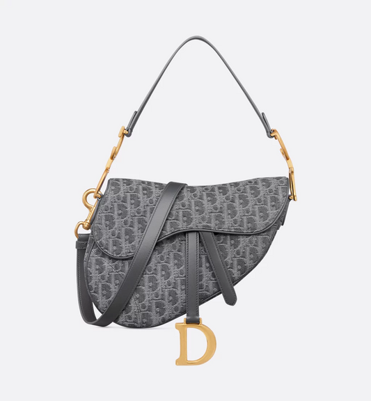 Saddle Bag with Strap - Gray Denim Dior Oblique Jacquard