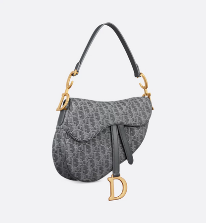 Saddle Bag with Strap - Gray Denim Dior Oblique Jacquard