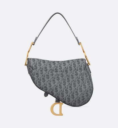 Saddle Bag with Strap - Gray Denim Dior Oblique Jacquard