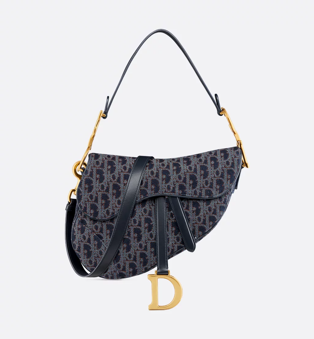 Saddle Bag with Strap - Blue and Tobacco Brown Dior Oblique Denim with Contrasting Topstitching