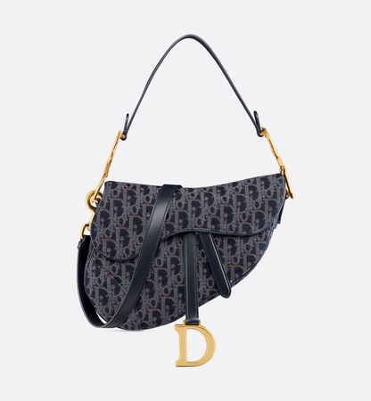Saddle Bag with Strap - Blue and Tobacco Brown Dior Oblique Denim with Contrasting Topstitching