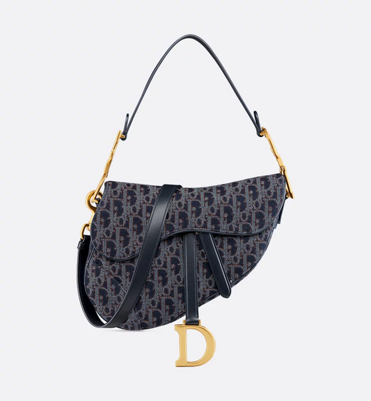 Saddle Bag with Strap - Blue and Tobacco Brown Dior Oblique Denim with Contrasting Topstitching
