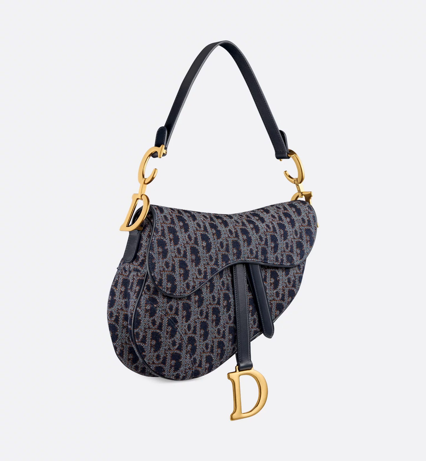 Saddle Bag with Strap - Blue and Tobacco Brown Dior Oblique Denim with Contrasting Topstitching