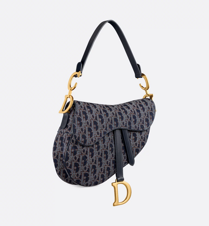 Saddle Bag with Strap - Blue and Tobacco Brown Dior Oblique Denim with Contrasting Topstitching