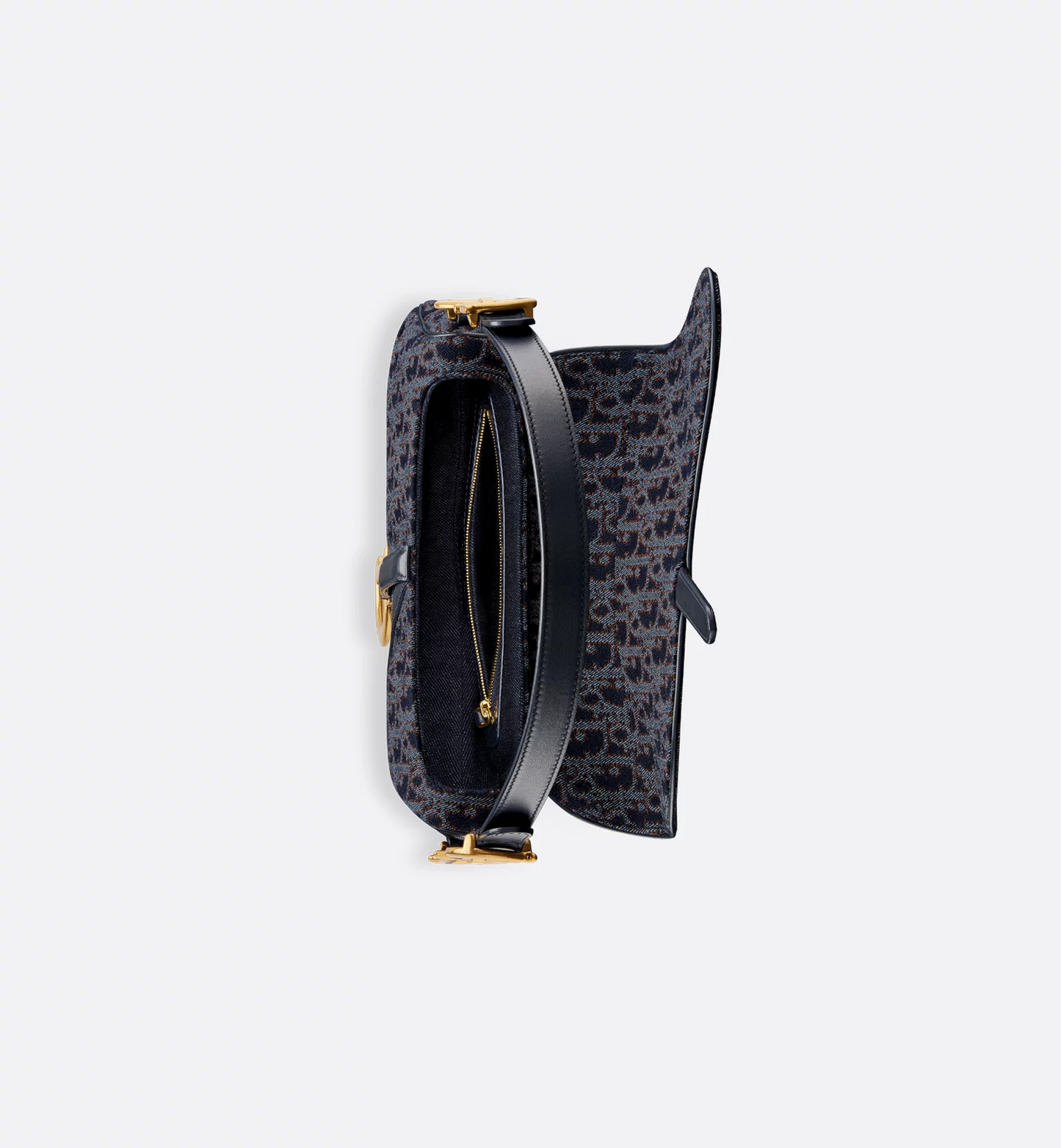 Saddle Bag with Strap - Blue and Tobacco Brown Dior Oblique Denim with Contrasting Topstitching
