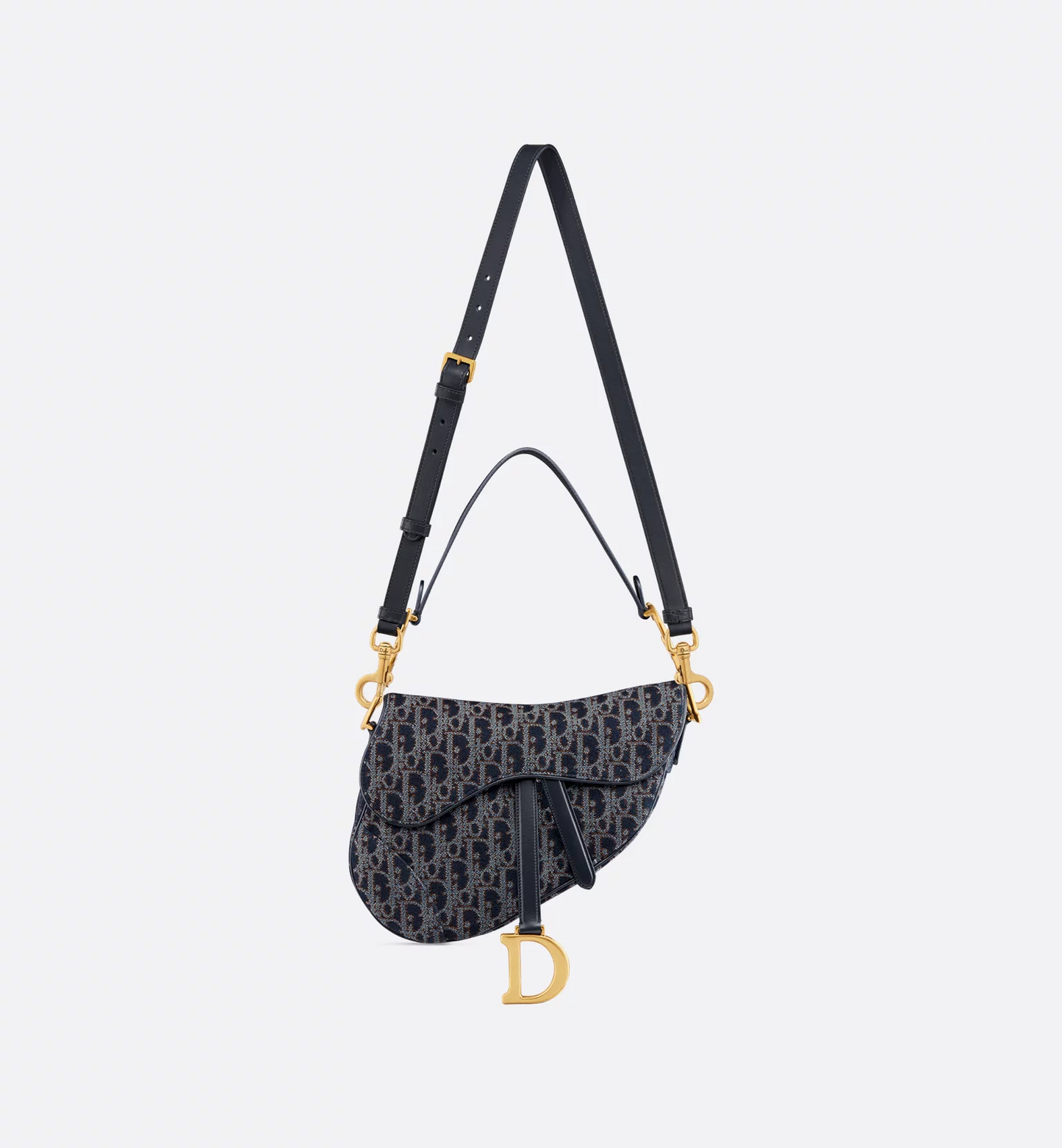 Saddle Bag with Strap - Blue and Tobacco Brown Dior Oblique Denim with Contrasting Topstitching