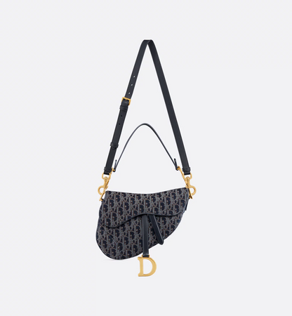 Saddle Bag with Strap - Blue and Tobacco Brown Dior Oblique Denim with Contrasting Topstitching