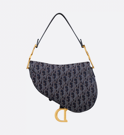 Saddle Bag with Strap - Blue and Tobacco Brown Dior Oblique Denim with Contrasting Topstitching